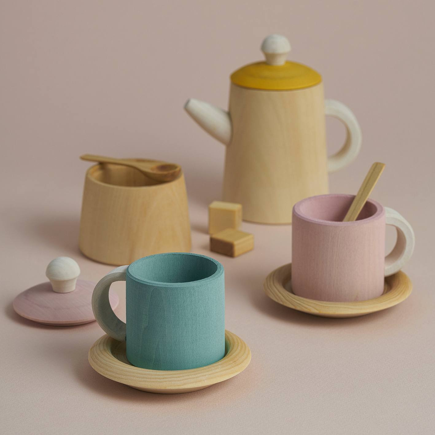 blue wooden tea set